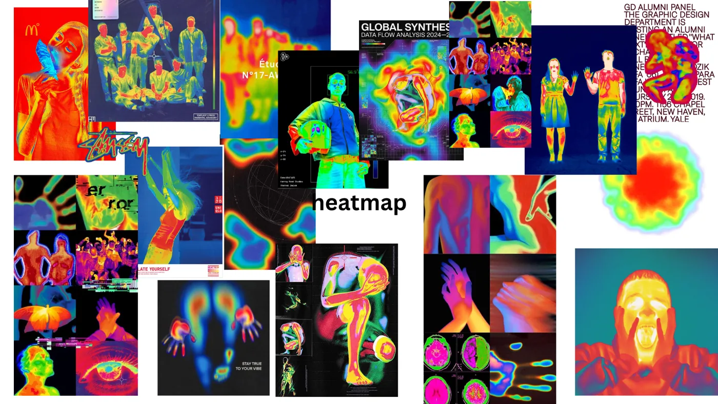 מודבורד סטייל Heatmap: דמויות ופנים בצילום תרמי מדומה, כחול קר שעובר לצהוב-אדום-לבן בנקודות החמות, על רקעים כהים עם שכבות ממשק מדעיות