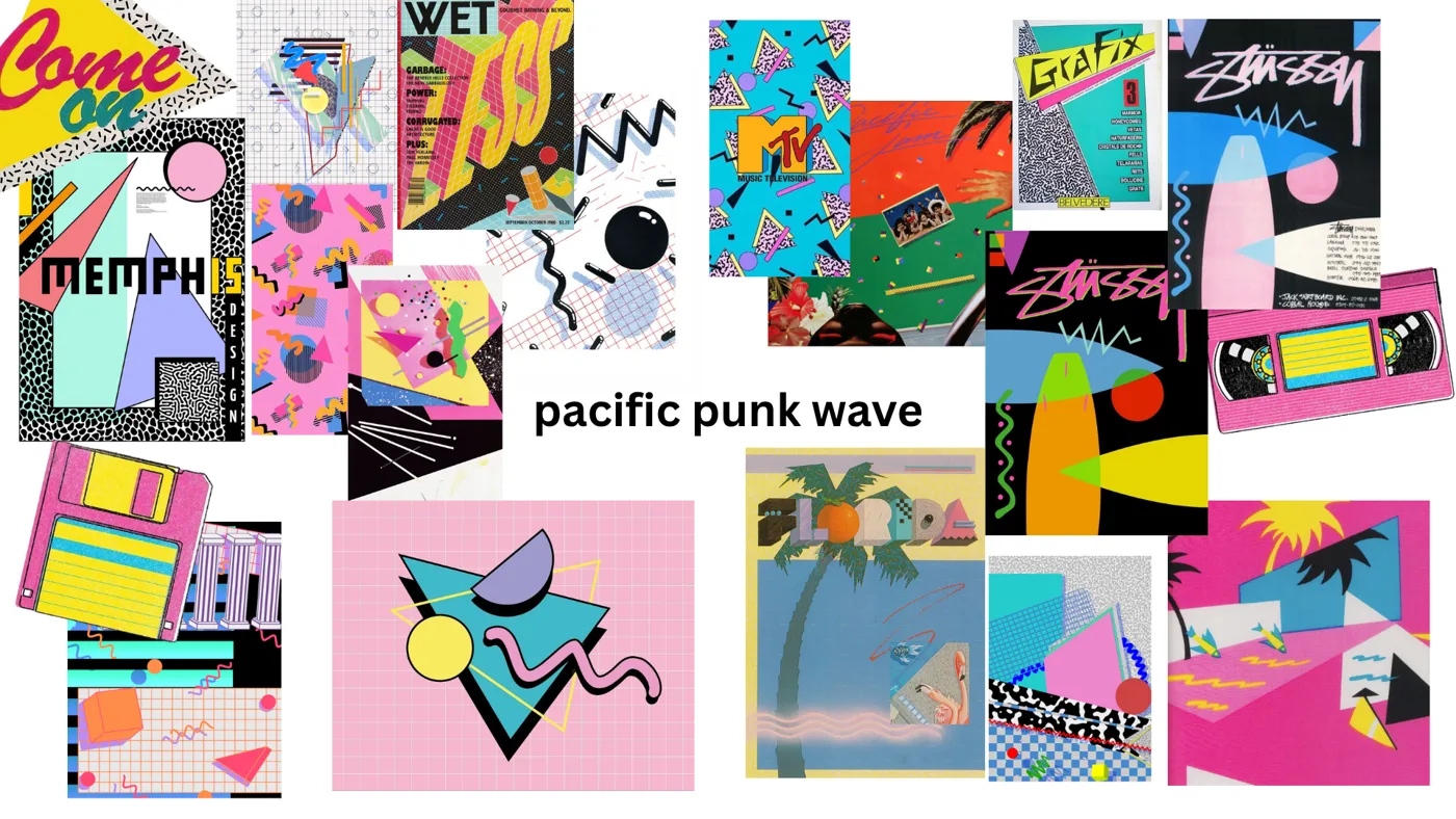 מודבורד סטייל Pacific Punk Wave: גרפיקת ממפיס שנות ה-80, לוגו MTV, גלשנים, דיסקט ורוד, משולשים וזיגזגים בטורקיז, ורוד וצהוב