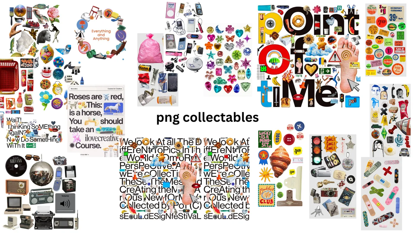 מודבורד סטייל PNG Collectables: עשרות חפצים גזורים על רקע לבן - אייפודים ישנים, אבני חן, חטיפים, מדבקות, פלסטרים וטיפוגרפיה ענקית שמארחת אובייקטים