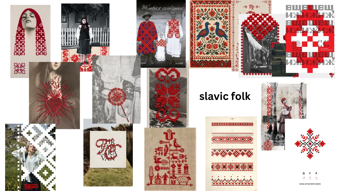 מודבורד סטייל Slavic Folk: רקמה צולבת אדומה על פשתן, צילומים ארכיוניים בשחור-לבן עם שכבות רקמה, ציפורים ודפוסים גאומטריים