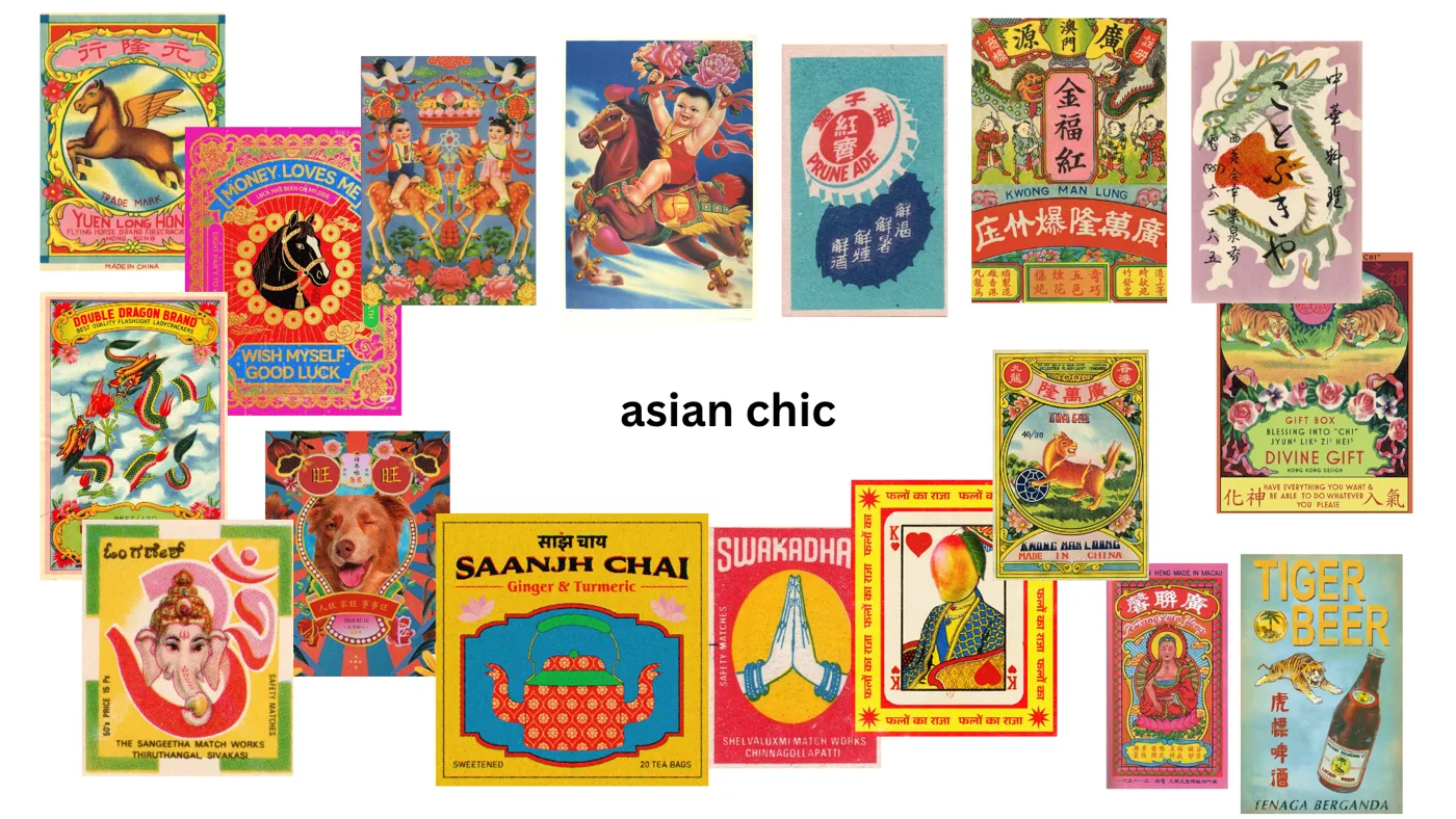 מודבורד סטייל Asian Chic: תוויות גפרורים וזיקוקים ישנות מהונג קונג והודו, דרקונים, סוסים ודמויות במסגרות מקושטות בצבעי אדום, צהוב וטורקיז