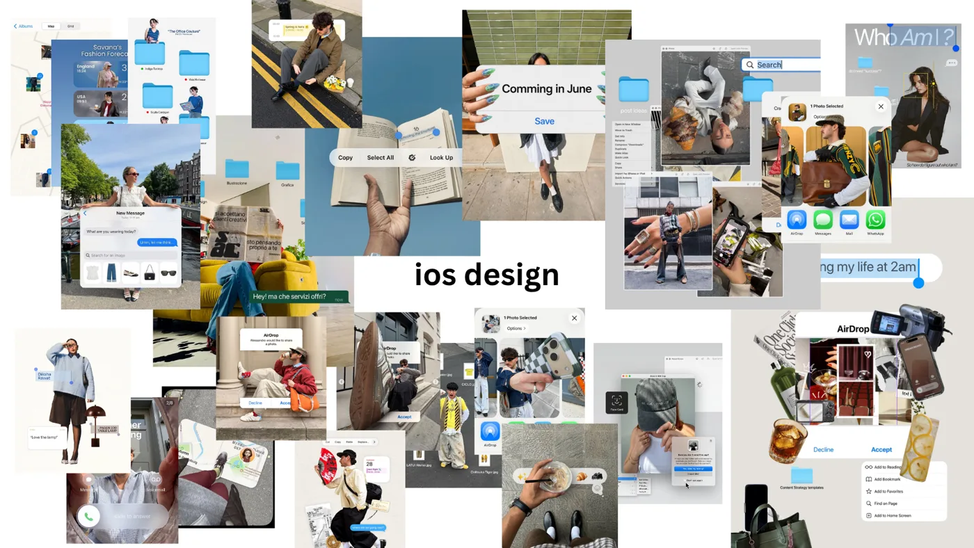 מודבורד סטייל iOS Design: צילומי אופנה ורחוב עם אלמנטים של ממשק אייפון - בועות הודעות, תיקיות כחולות, חלונות AirDrop ותפריטי העתקה