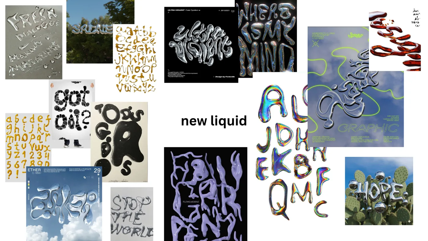 מודבורד סטייל New Liquid: אותיות תלת-ממדיות מכרום נוזלי ומזכוכית על רקעי שמיים ועננים, טיפות דבש והולוגרמות