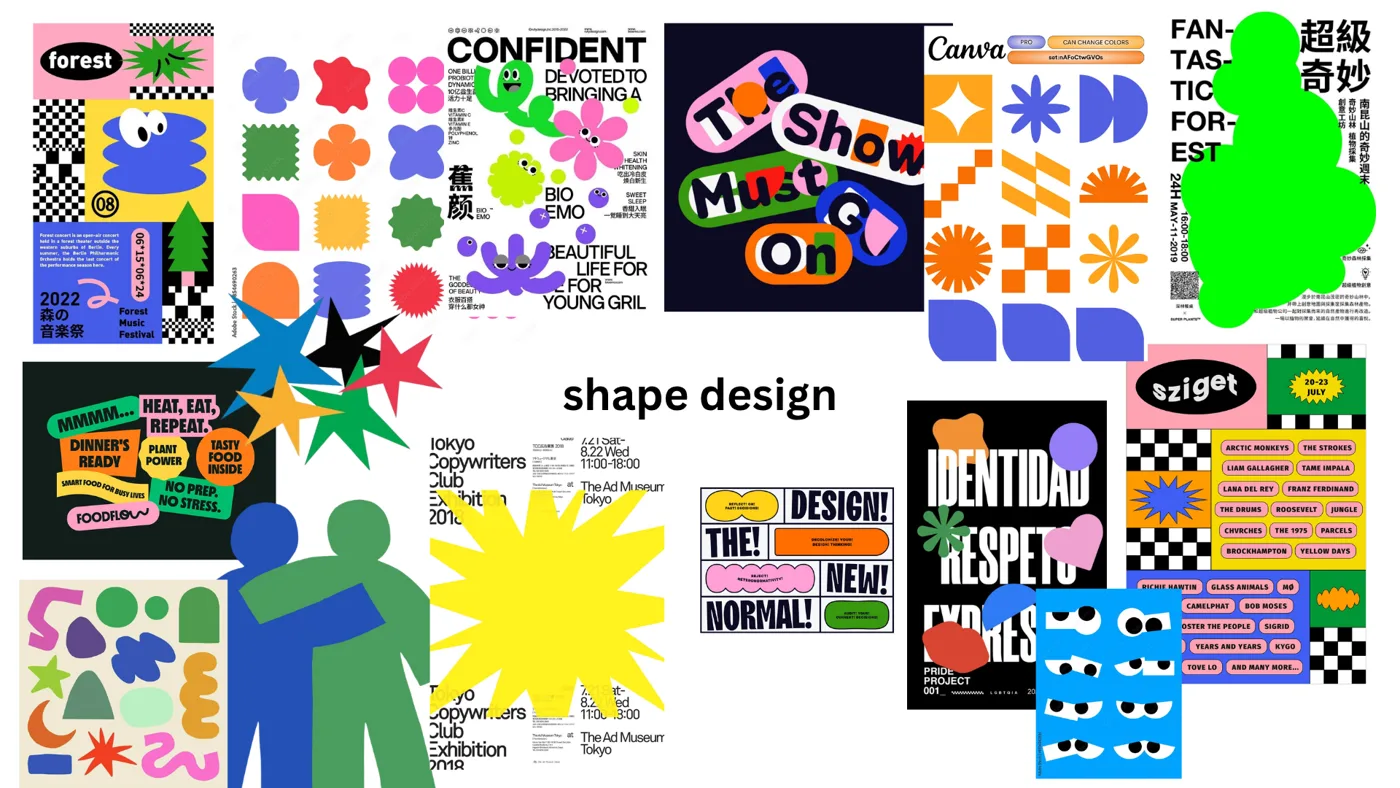 מודבורד סטייל Shape Design: פוסטרים עם צורות וקטוריות שטוחות ענקיות - פרחים, כוכבים וכתמים בצבעים ראשוניים, מדבקות טקסט ודמויות פשוטות מצורות